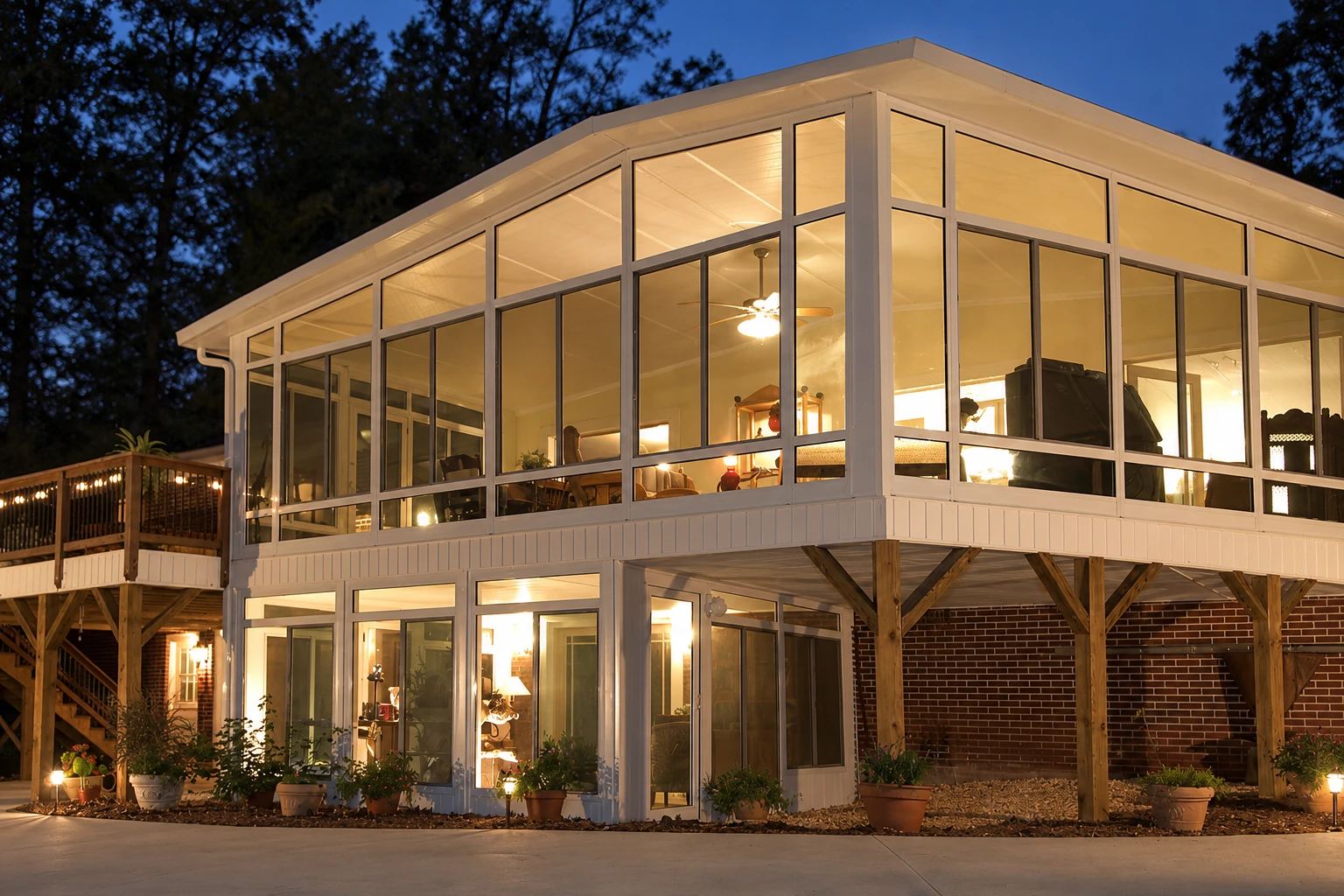 A two-story all-season room with white framing and broad glass walls glows warmly beside a wooded home at dusk.