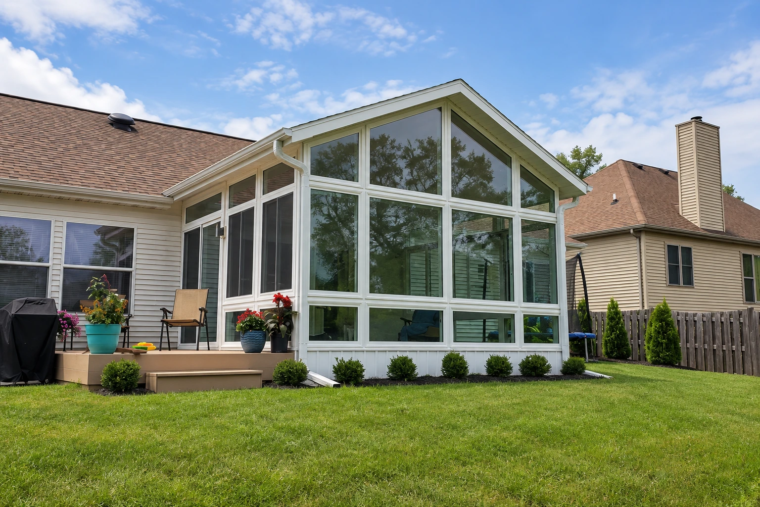 A white-framed, gabled sunroom with tall windows extending from a house beside a lawn and deck.