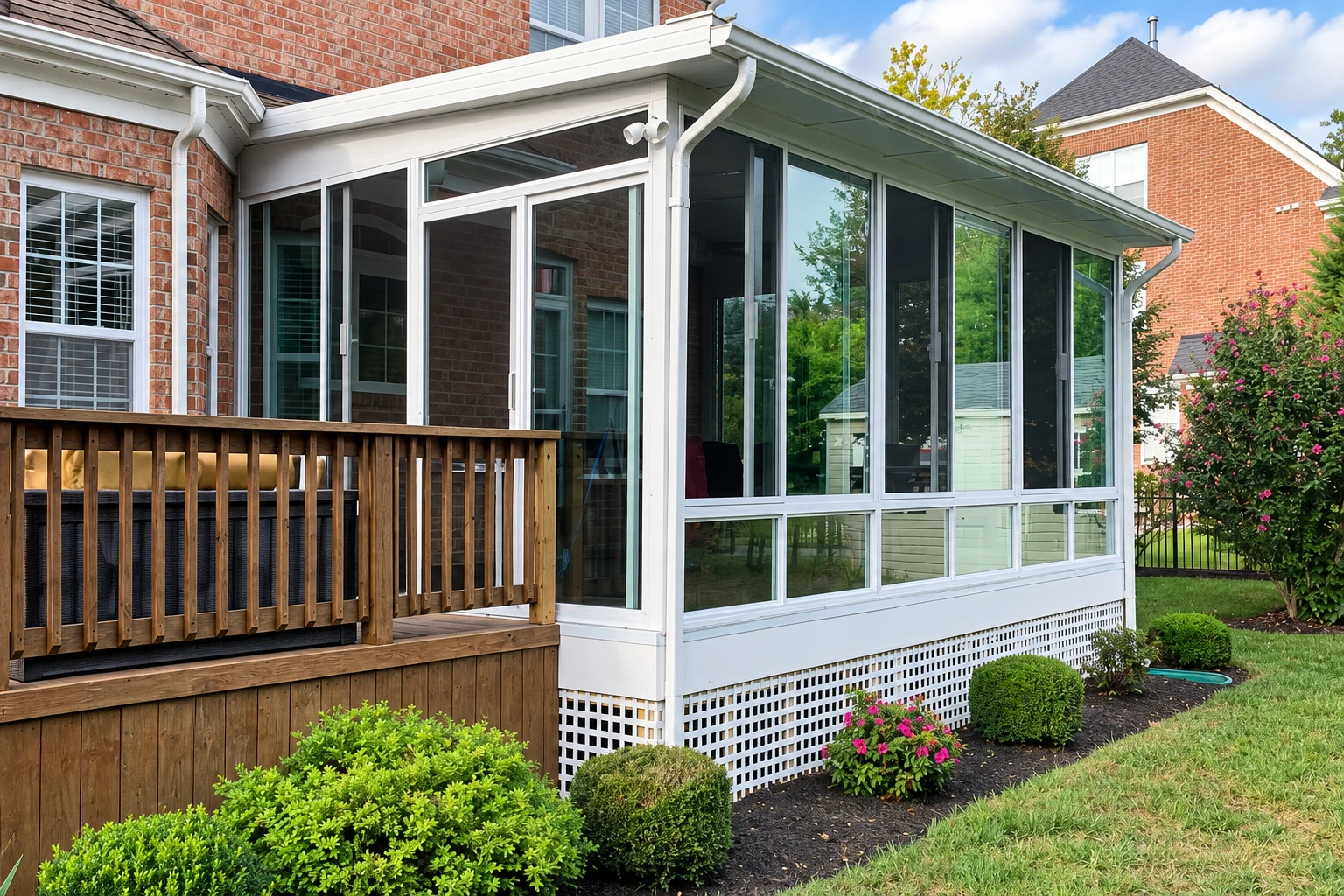 Deck-to-sunroom conversion with white-framed glass walls beside a wooden deck and brick house.