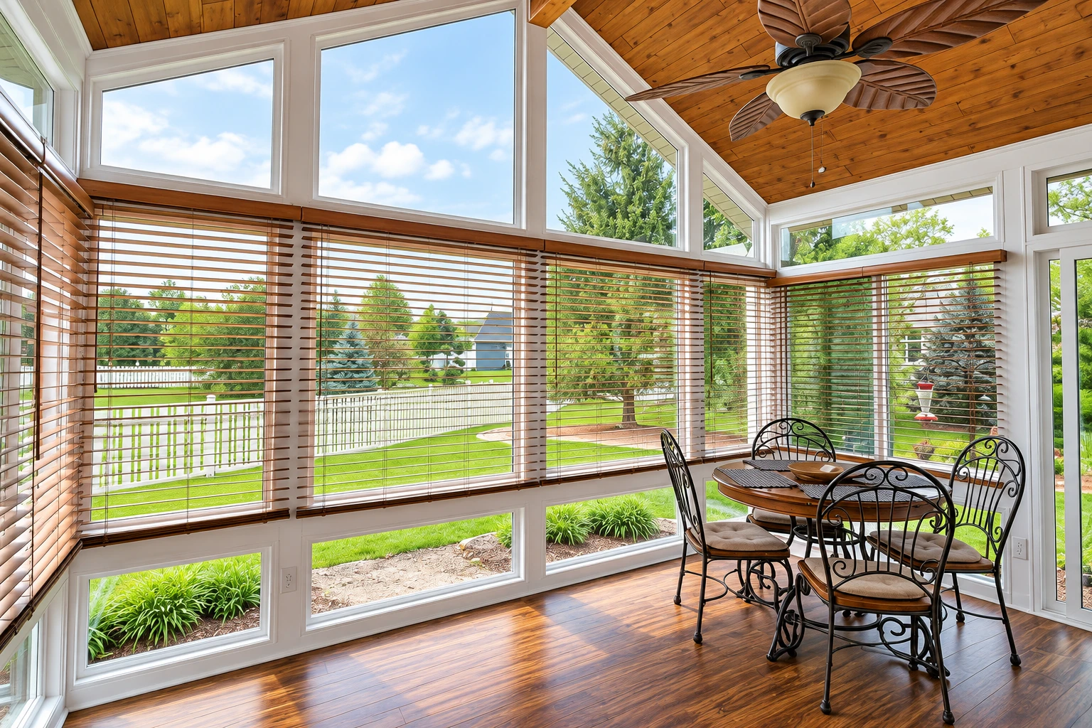 Bright four-season sunroom with a wood-plank ceiling, broad windows with blinds, and a wrought-iron dining set overlooking a lawn.