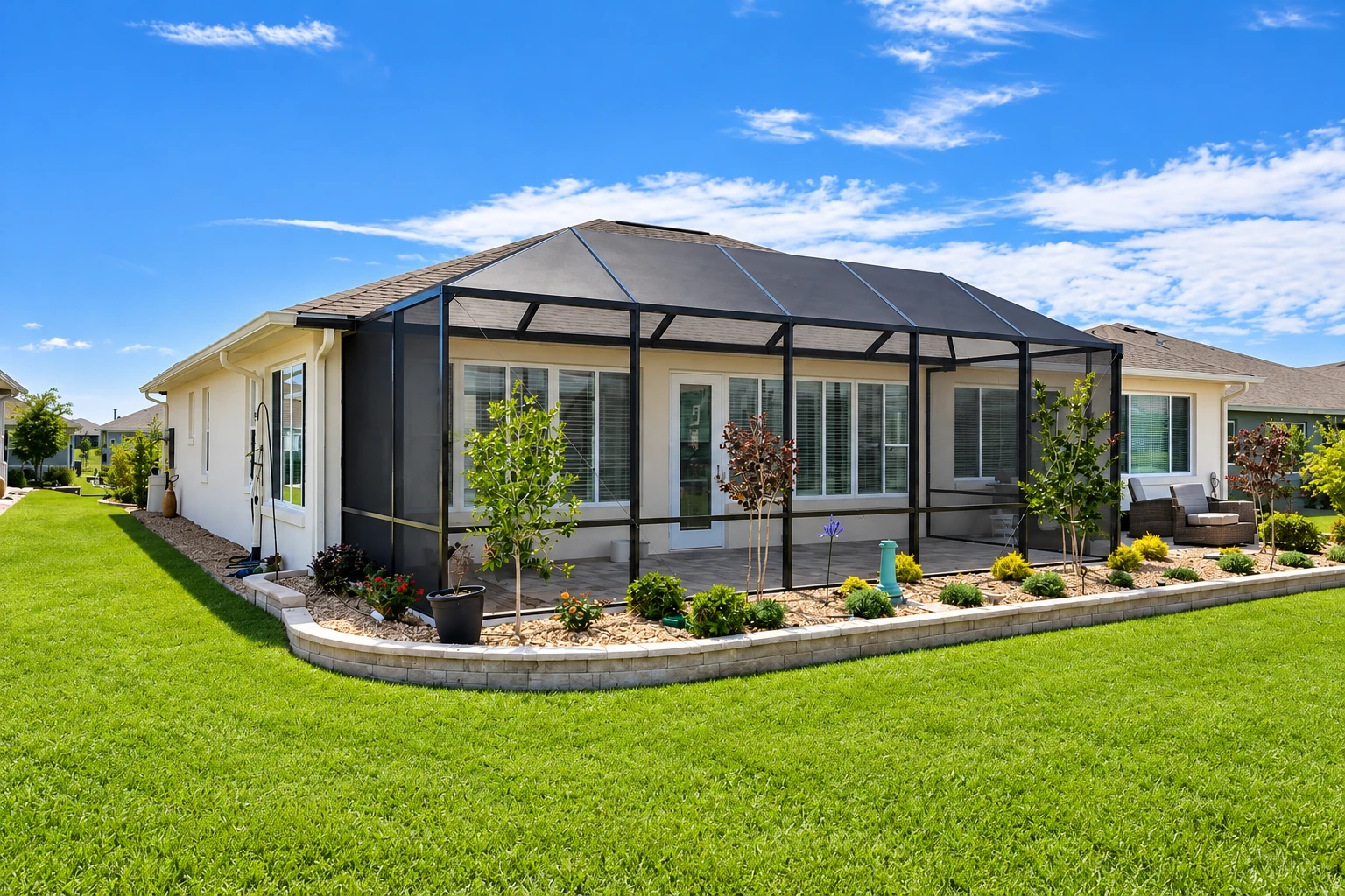Screened patio enclosure with a dark metal frame beside a single-story home and lawn.