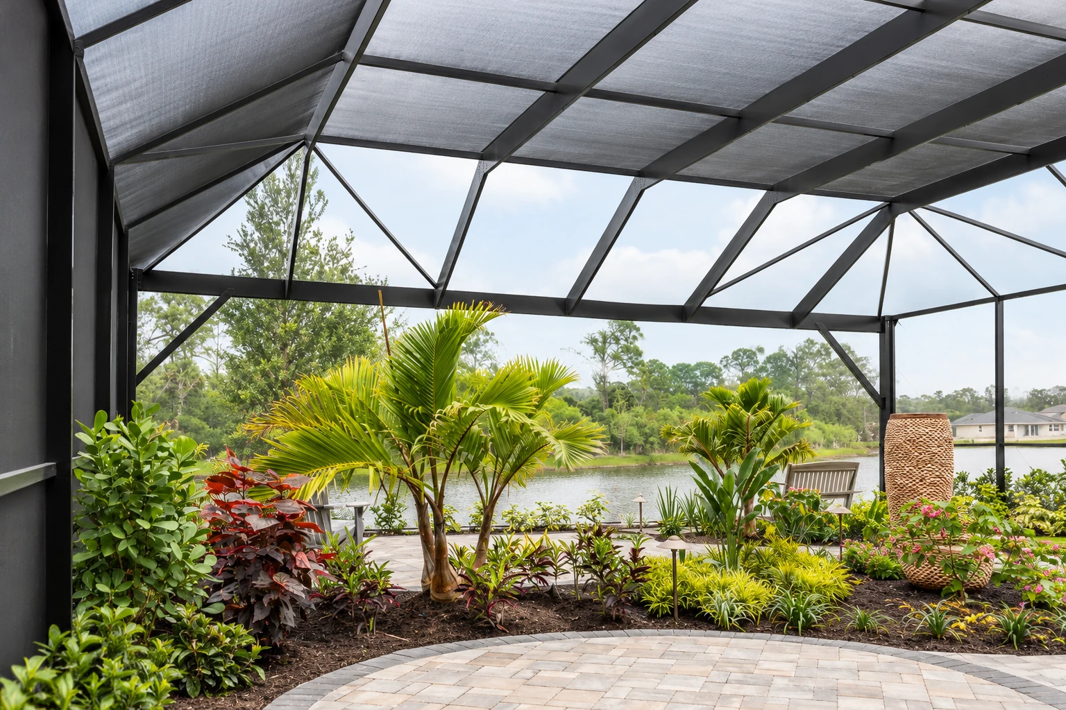 A screened patio with a dark metal frame, planted garden beds and a view of a lake.