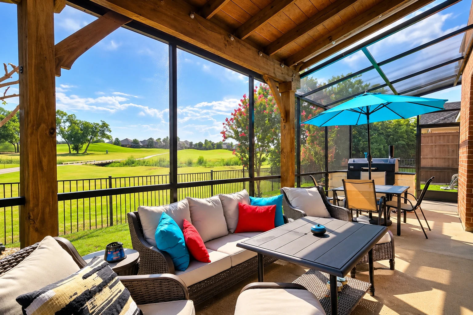 Screen room with timber framing, mesh walls, outdoor seating, and a dining table beneath a turquoise umbrella.