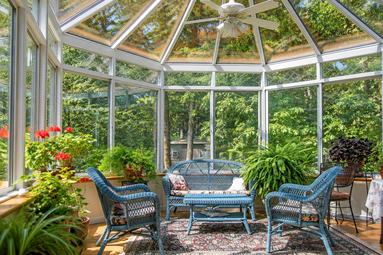 Enclosed sunroom with a glass-paneled roof, blue wicker seating, potted plants, and leafy views.