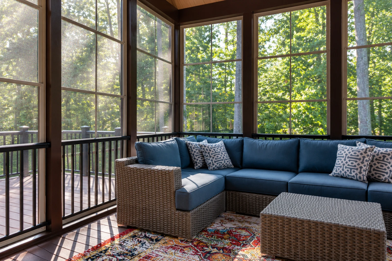 Screened sunroom with dark wood framing, a blue sectional, and tall windows overlooking trees.
