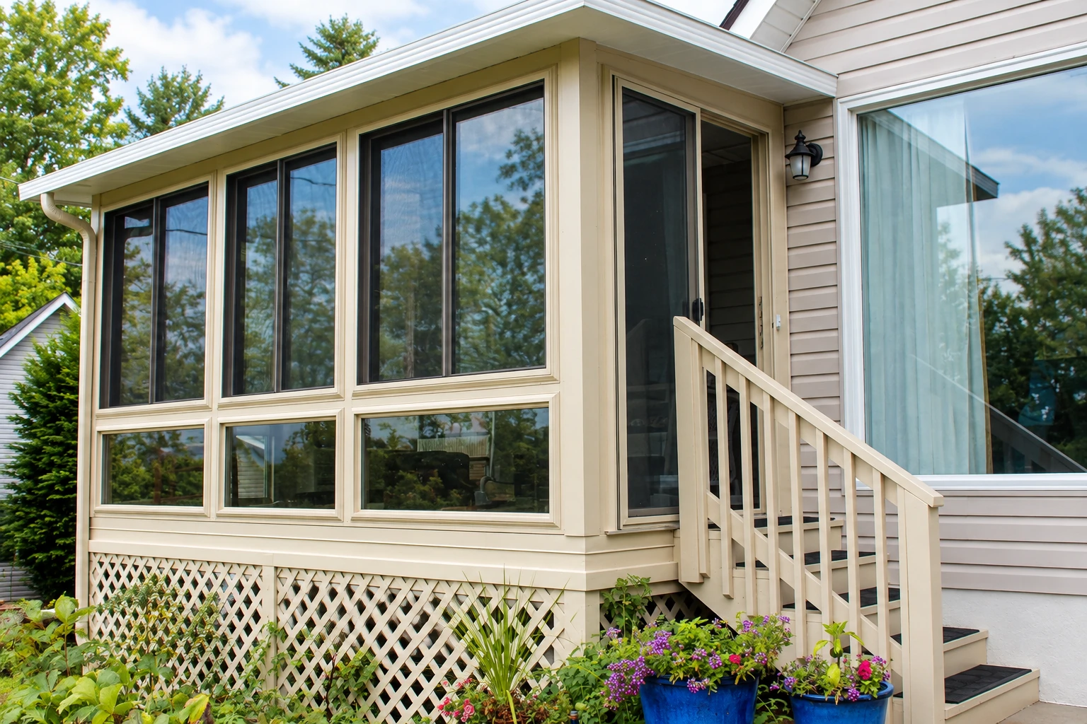 Beige three-season sunroom with tall dark-framed windows, lattice skirting, and steps beside flower planters.