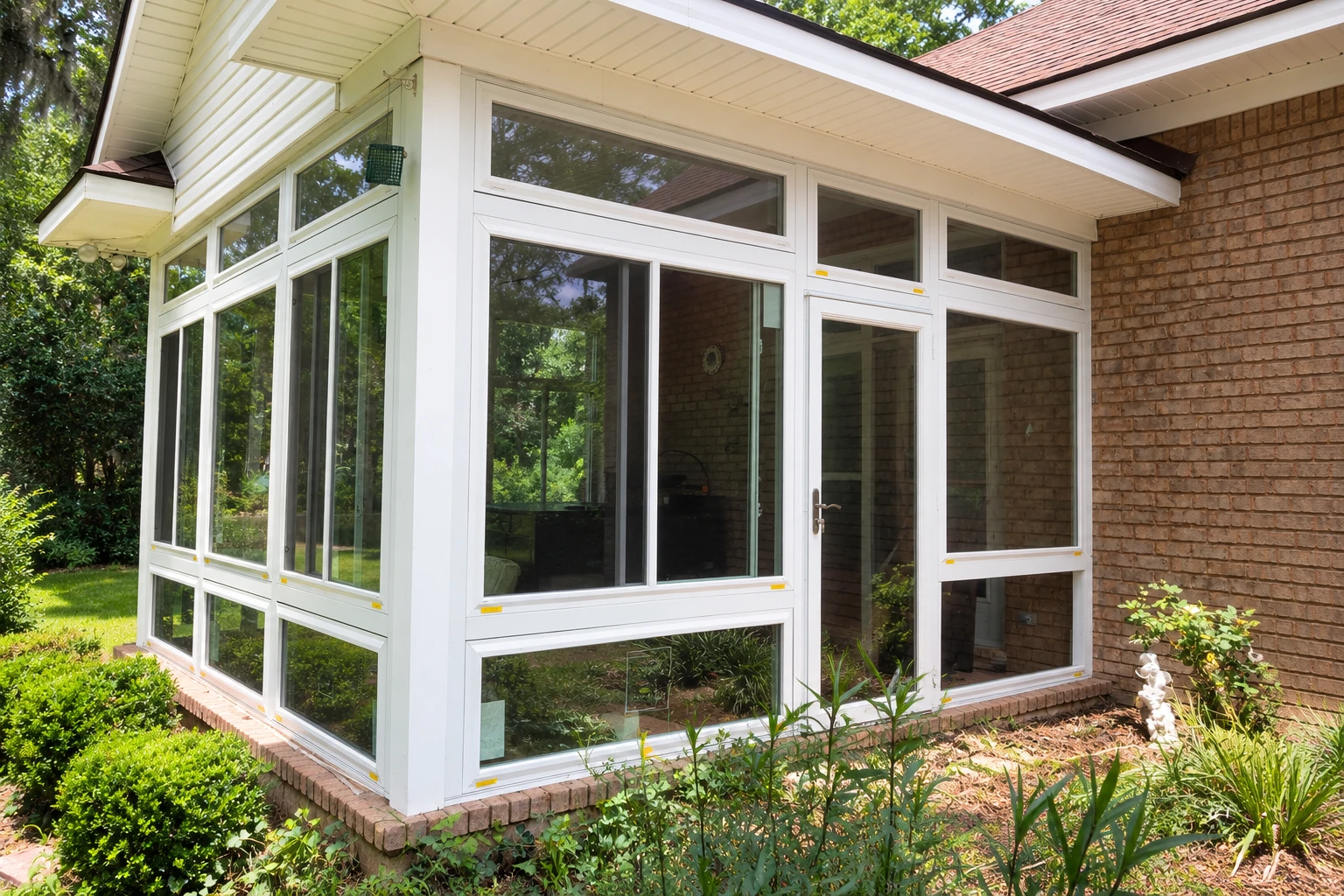 White vinyl sunroom with broad glass windows and a door, attached to a brick house beside a landscaped garden.